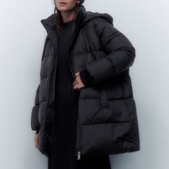 Zara Black Puffer Feather & Down Blend Water Repellent Coat - Picture 1 of 12